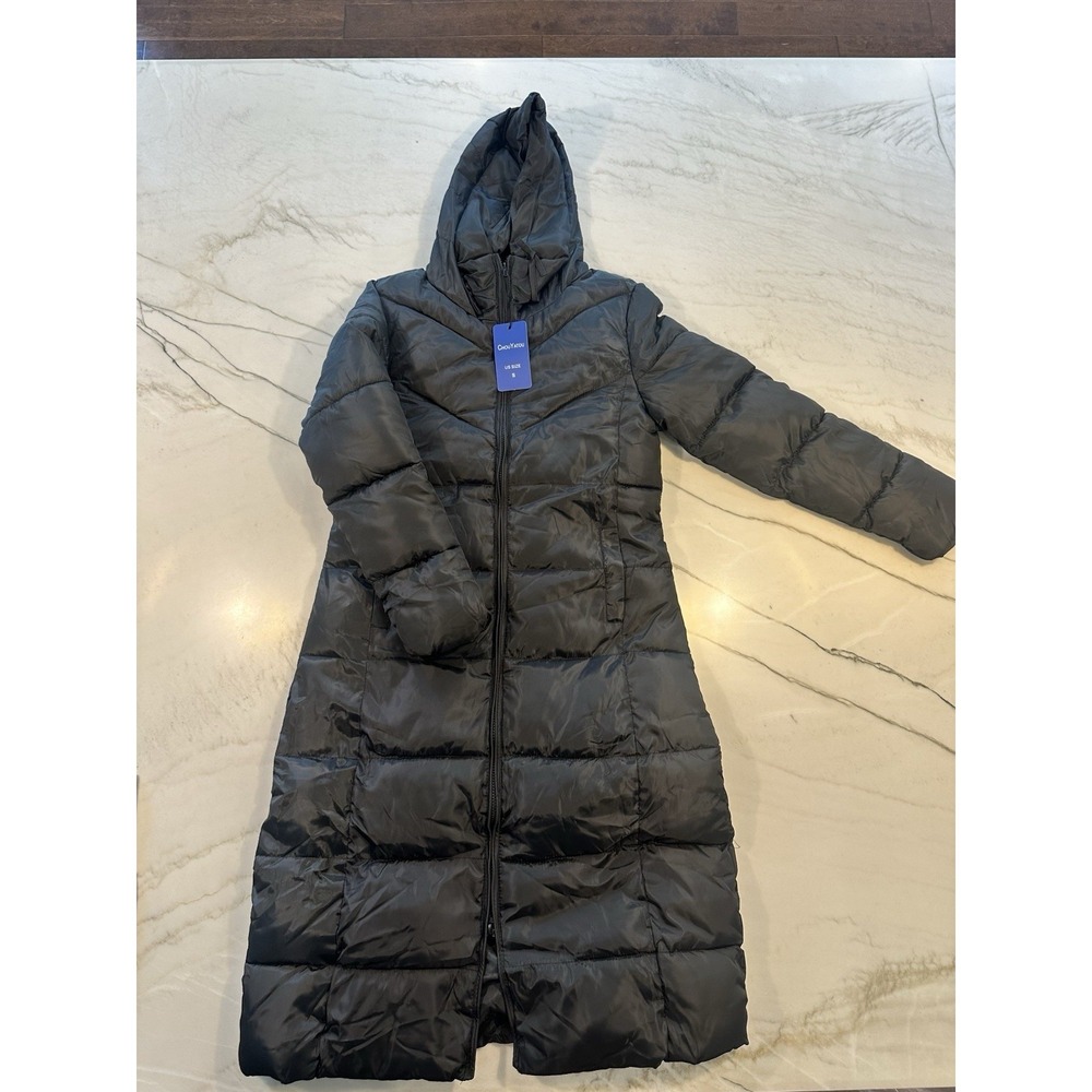 ChouYatou Women's Long Hooded Puffer Coat Black Size S Quilted Winter Jacket NWT